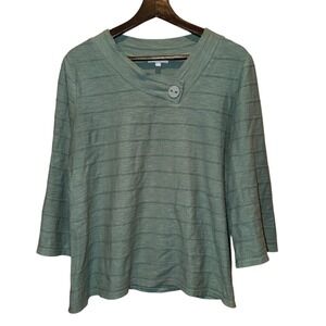 Habitat Teal Knit‎ Top Womens S Striped Button Neck 3/4 Sleeve